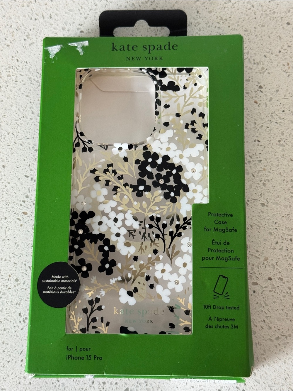 kate spade Floral Protective iPhone 15 Pro Case - White, Black & Gold